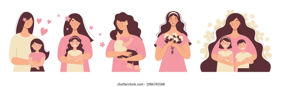Beautiful woman holds a baby in her arms, mom hugs her children. Mother's day, women's day. Set of flat vector people isolated on white background