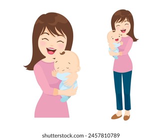 Hermosa mujer sostiene a un bebé en sus brazos, mamá abraza a sus hijos. Día de la madre, día de la mujer