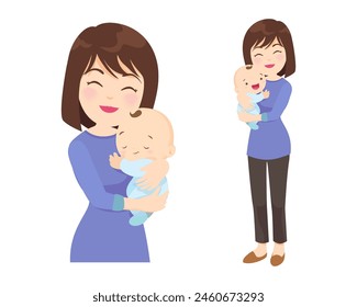 Beautiful woman holds a baby in her arms, mom hugs her children. Mother's day, women's day