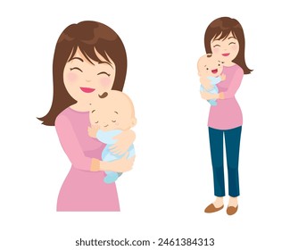 Beautiful woman holds a baby in her arms, mom hugs her children. Mother's day, women's day