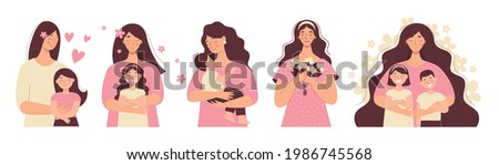 Beautiful woman holds a baby in her arms, mom hugs her children. Mother's day, women's day. Set of flat vector people isolated on white background