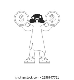 A beautiful woman holds a bitcoin and dollar coin in her hands. Newspaper black and white style.