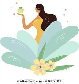 Beautiful woman holds organic cream in her palm. Brunettes use organic natural skin care products. Woman in large leaves chooses spa. Vector flat illustration isolated on white. Ad cosmetics, spa.