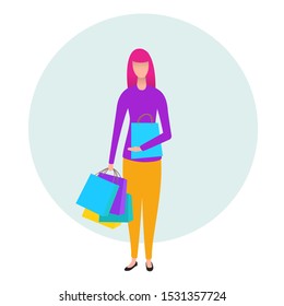 Beautiful woman holds shopping bags. Colorful flat composition with cartoon character isolated on white background. Bright design element for branding shop, market or website.