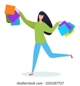 Beautiful woman holds shopping bags. Colorful flat composition with cartoon character isolated on white background. Bright design element for branding shop, market or website.