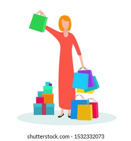 Beautiful woman holds shopping bags. Colorful flat composition with cartoon character isolated on white background. Bright design element for branding shop, market or website.