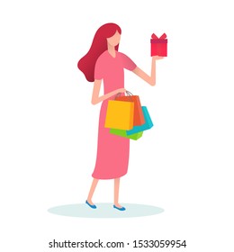 Beautiful woman holds shopping bags and gift box. Colorful flat composition with cartoon character isolated on white background. Bright design element for branding shop, market or website.