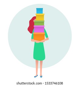 Beautiful woman holds shopping boxes. Colorful flat composition with cartoon character isolated on white background. Bright design element for branding shop, market or website.
