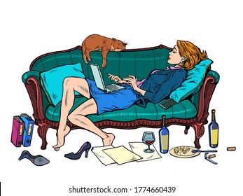 Beautiful Woman At Home With A Cat Working And Resting. Pop Art Retro Vector Illustration Kitsch Vintage 50s 60s Style