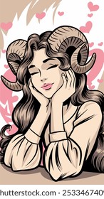 A beautiful woman with horns rests her chin in her hands, eyes closed in peaceful contemplation. The soft pink hearts in the background suggest romance and dreamy emotions.