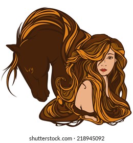 Beautiful Woman With Horse - Art Nouveau Style Portrait Of Beauty With Long Hair