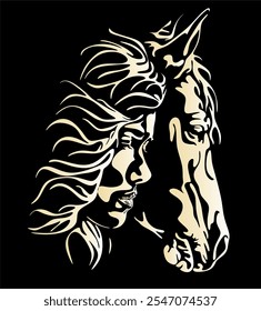 Beautiful woman and horse head, vector drawing. Handmade without artificial intelligence