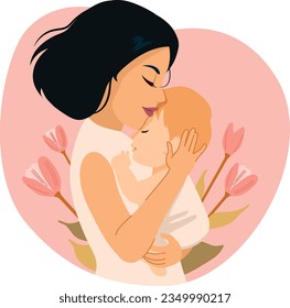 Beautiful woman hugging a baby. Vector illustration of motherhood and pregnancy concept. In vitro fertilization and paediatrics