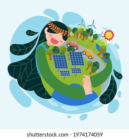 Beautiful woman hugging globe using renewable energy from nature with Solar energy From solar panel and wind turbine, Happy earth day concept, vector illustration