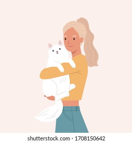 Beautiful woman hugging her white cat. Portrait of happy pet owner. Vector illustration in a flat style