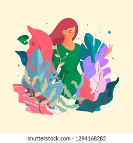 Beautiful woman hugging plants and flowers in a fantasy abstract style. Girl growing plants illustration in vector. Spring floral card in trendy flat style - gardening concept with woman character. 