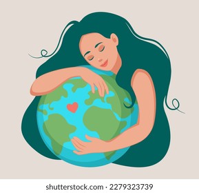 Una mujer hermosa abraza el globo terrestre con amor. Día Internacional de la Madre Tierra. Guardar el concepto Planeta. Atención a la Naturaleza y a la conservación del Medio Ambiente. Ilustración ecológica vectorial al estilo de las caricaturas.