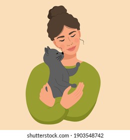 Beautiful woman hugs her cute cat. Happy pet owner. Vector illustration. Flat design. 