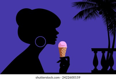 Beautiful woman with ice cream in the evening on the seashore. Relax on the beach or in the pool. Vector illustration