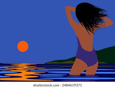 A beautiful woman, illuminated by the sun, standing in the water and admiring the sunset. Summer, summer time. Theme of rest and vacation. Pop art style illustration. Vector illustration