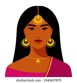 Beautiful Woman - Indian Woman With Long Hair, Gold Earrings, Bindi. Ethnic Girl, Indian Culture. Portrait With Head, Shoulders, Avatar. Concept Of Femininity, Beauty, Women's Rights, Self-confidence