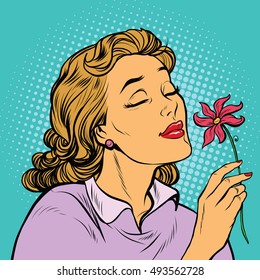 Beautiful Woman Inhaling Fragrance Of A Flower, Pop Art Retro Vector Illustration. The Seasons Of Nature, Romance And Love