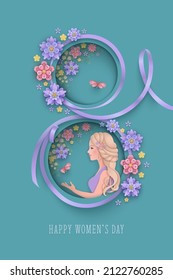 Beautiful woman inside layered numeral 8 with flowers and butterflies. 8 March Happy Women's day greeting card in paper cut style on a cyan backdrop