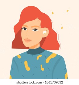 Beautiful woman with an ITE hearing aid. Flat vector illustration.