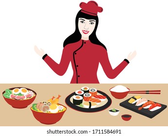 Beautiful woman Japanese food chef showing Japanese noodle ramen bowls, rice, sushi rolls set vector illustration. Japanese food concept background 