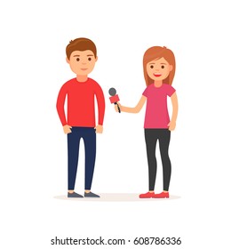 A beautiful woman is a journalist who interviews. Reporter woman. Vector images in cartoon style. Isolated on white background
