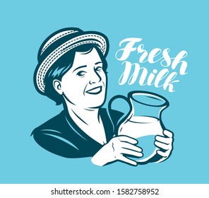 Beautiful Woman With A Jug Of Fresh Milk. Dairy Farm, Retro Vector Illustration