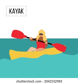 Beautiful woman in kayak or canoe enjoy the time at the  wanderlust traveling. Kayaking. A Woman in a Kayak. Girl Paddling in the Calm Sea water near the rocky coast.