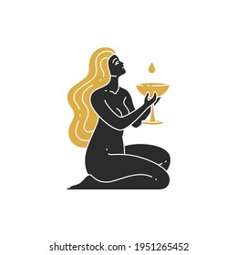 Beautiful woman kneeling and holding goblet silhouette. Boho female vector illustration for wall art poster print template. Occult ritual concept design.