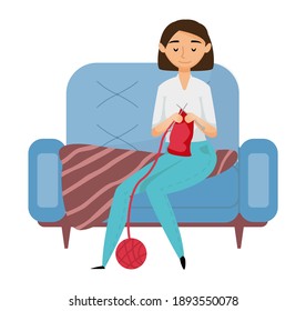 Beautiful woman knitting a scarf isolated on white background. Girl works with threads in ball. Female character sitting on chair with knitting needles in her hands. Person looks at hand-made product