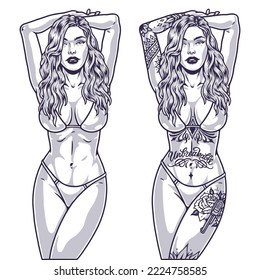 Beautiful woman label monochrome with posing girl with hands behind head in swimsuit with and without fashionable tattoos vector illustration