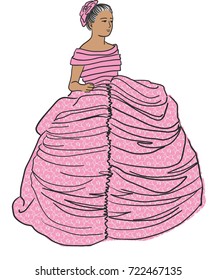 A beautiful woman in a lacy evening gown. A freehand vector illustrations. Free Hand Vector Sketch. Freehand Drawing, Beautiful Princess with Pink Dress 