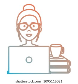 beautiful woman with laptop and books