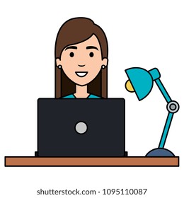 beautiful woman with laptop and lamp