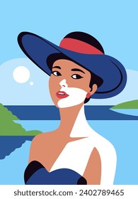 Hermosa mujer con un gran sombrero en el fondo del mar. Mujer con un vestido de verano. Cielo azul. Vector retro minimalista plano. Ilustración de arte pop vintage.