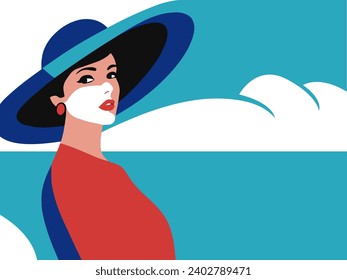 Beautiful woman in a large hat against the background of the sea. Woman in a summer dress. Blue sky. Flat minimalistic retro vector. Vintage pop art illustration.