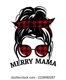 Beautiful woman with beautiful lashes and red bandana. Lady Mom with messy bun, getting stuff done. Fashion illustration for t shirt. Christmas design.