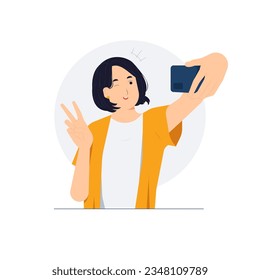 Beautiful woman laughing and showing peace sign gesture while taking selfie photo on mobile smart phone concept illustration