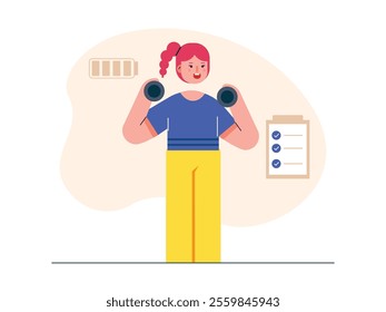 A beautiful woman lifting a barbell, starting a new life with a workout. Character design. Vector flat illustration