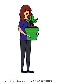 beautiful woman lifting houseplant in pot