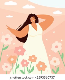 A beautiful woman in a light dress with long hair against a background of growing flowers, the sky, the sun. Happy girl in summer. Vector flat graphics.