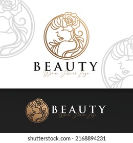 Beautiful woman line art gold logo template