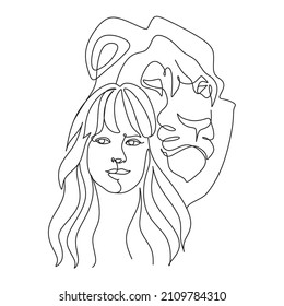 Beautiful woman with lion Line art illustration vector