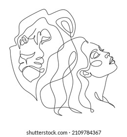 Beautiful woman with lion Line art illustration vector
