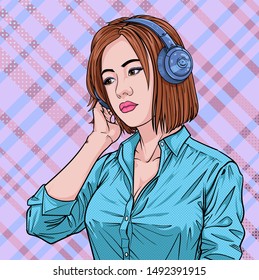 A beautiful woman listening to music from her headphones Lady haircut Illustration vector On pop art style Dots colorful background 