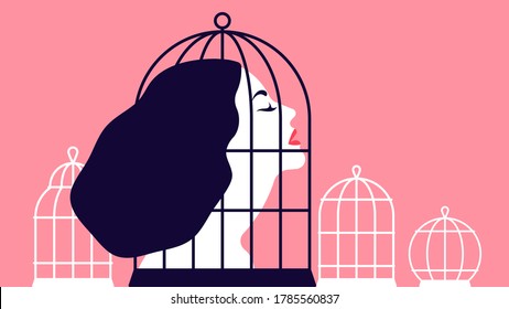 Beautiful woman locked in a cage. The concept of restricting women's rights. The concept of abusive relationships. Modern vector Illustration.